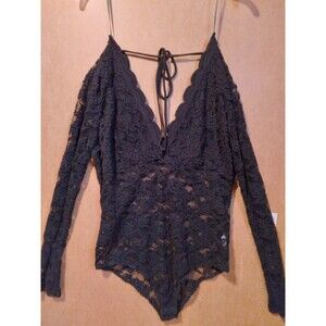Bodysuit  Women's Size Medium Lace Black Long Sleeves, Snap Closure ,V-neck